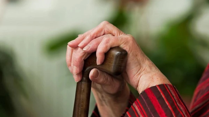პენსიონერი ქალი ყავარჯნით ხელში